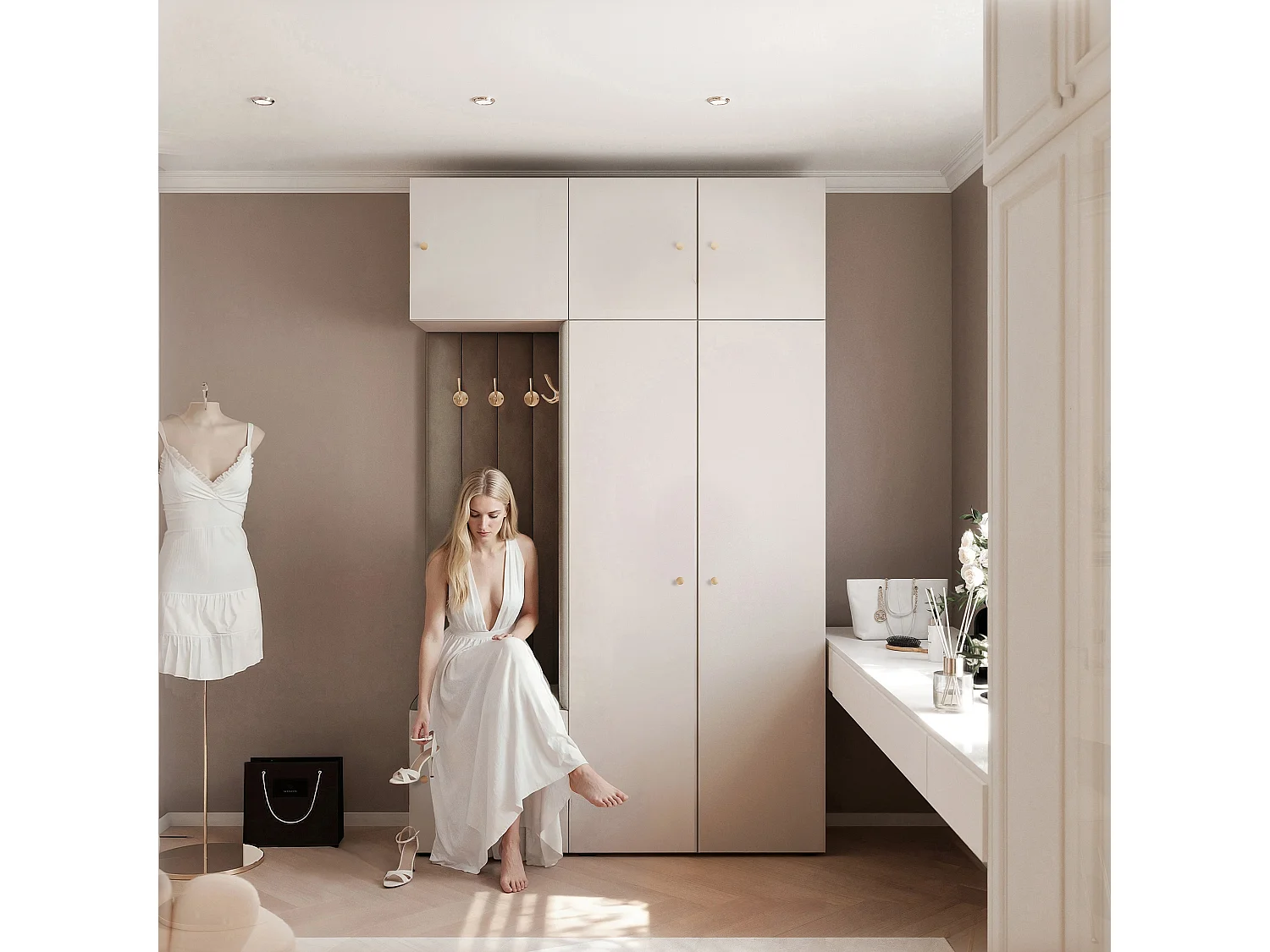Garderobe Aria V7 Kaschmir Gepolstert Samt Taupe Kleiderhaken und Regalen