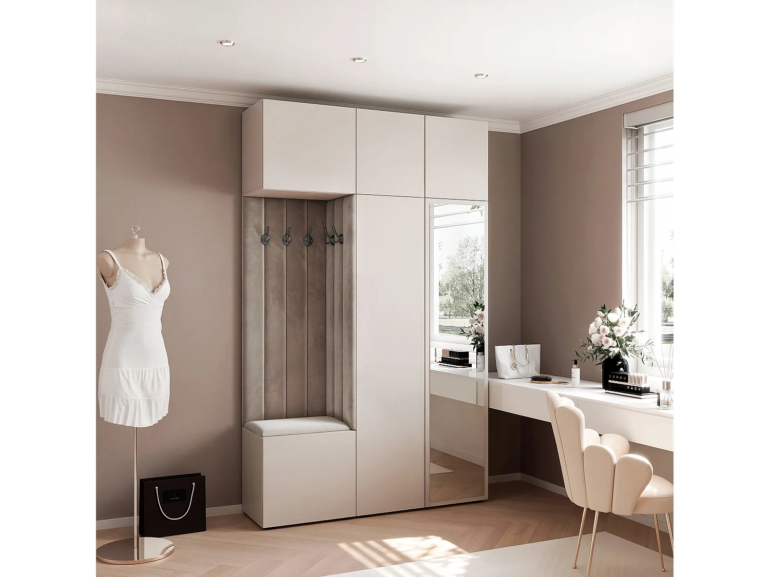 Garderobe Aria V7 Kaschmir Gepolstert Samt Mausgrau mit Spiegel Kleiderhaken und Regalen