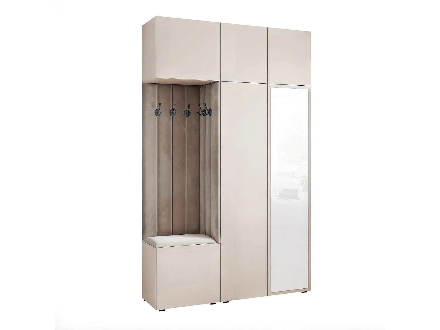 Garderobe Aria V7 Kaschmir Gepolstert Samt Mausgrau mit Spiegel Kleiderhaken und Regalen
