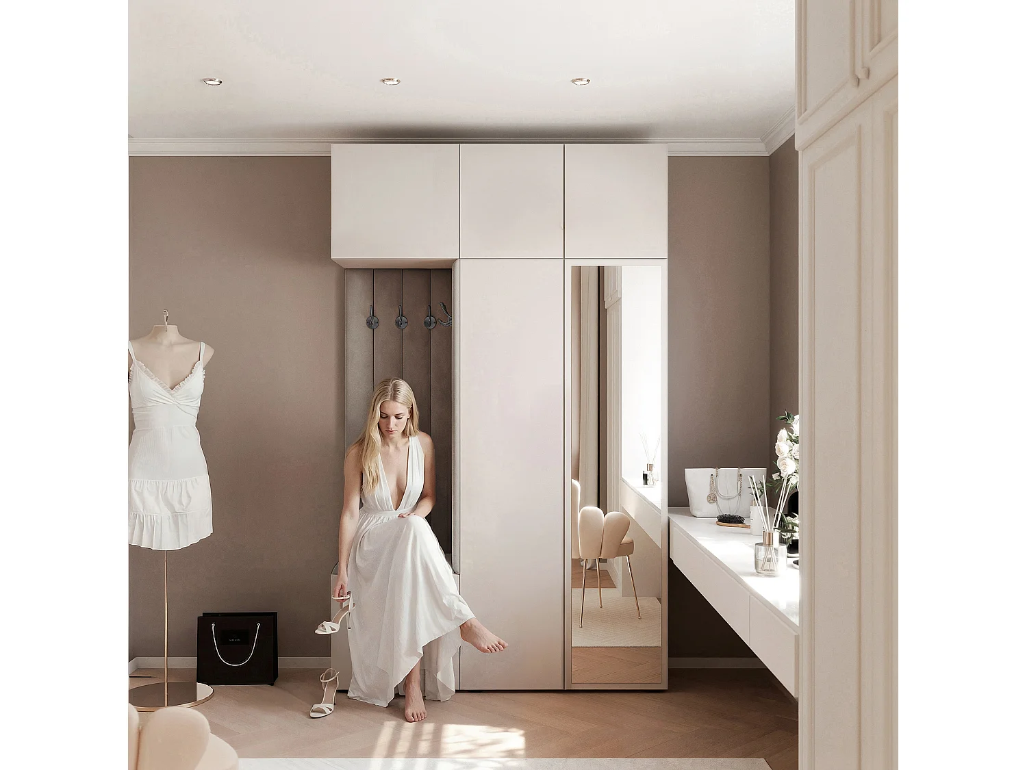 Garderobe Aria V7 Kaschmir Gepolstert Samt Mausgrau mit Spiegel Kleiderhaken und Regalen
