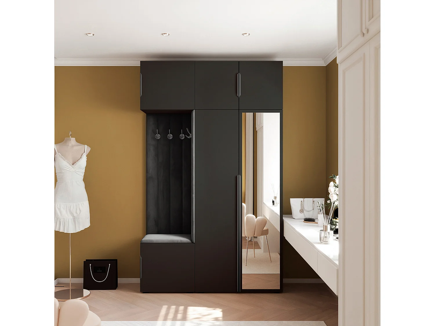 Garderobe Aria V7 Schwarz Gepolstert Samt Schwarz mit Spiegel Kleiderhaken und Regalen