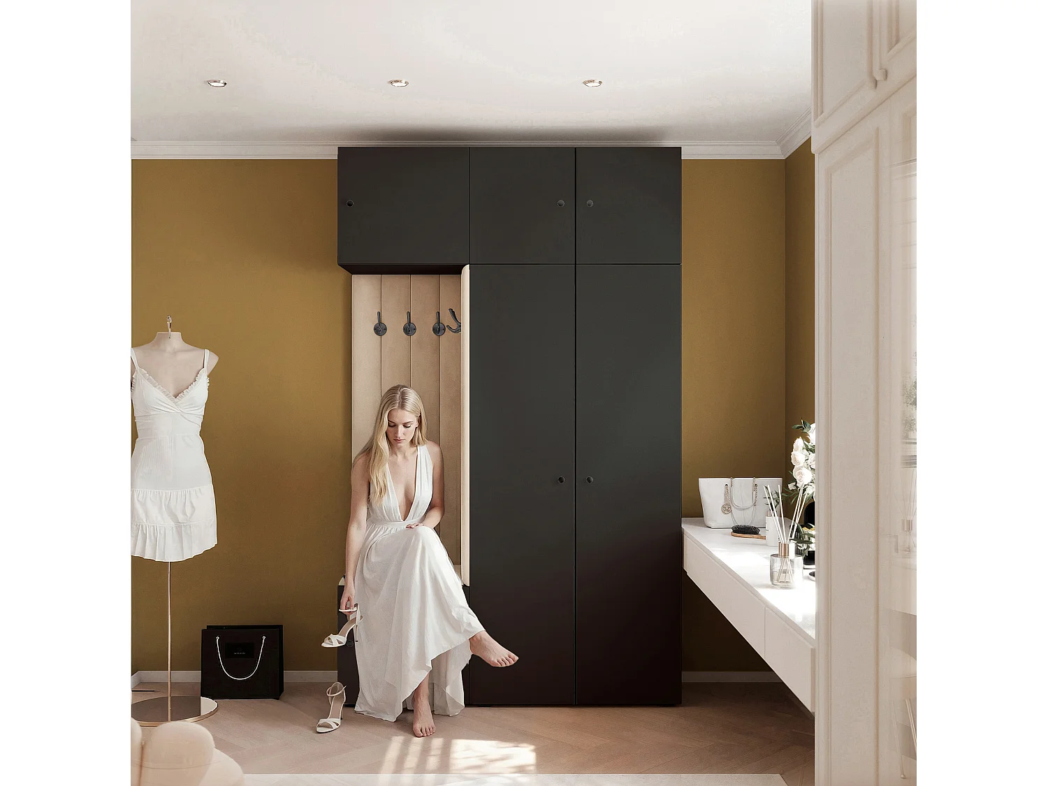 Garderobe Aria V7 Zwart Gestoffeerd Fluweel Beige Haken en Planken