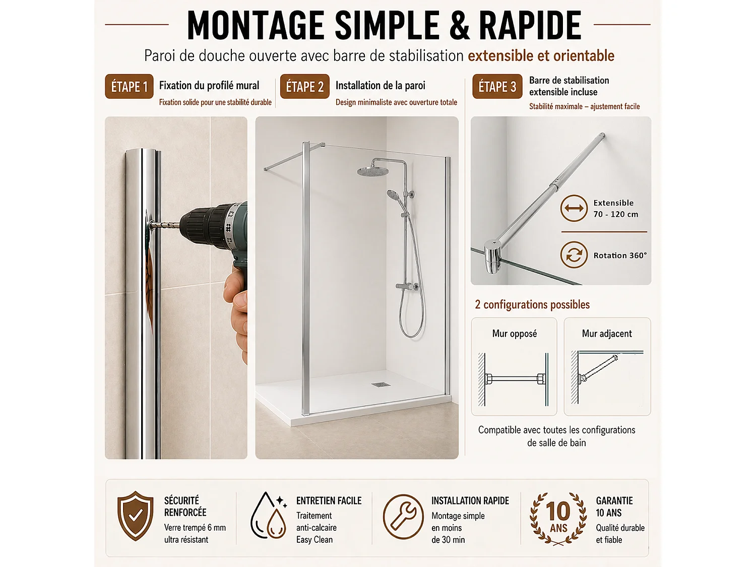 Onbath's Paroi de douche fixe 100x195 en verre anticalcaire 6mm transparent Easy Clean - Accessoires en chromé