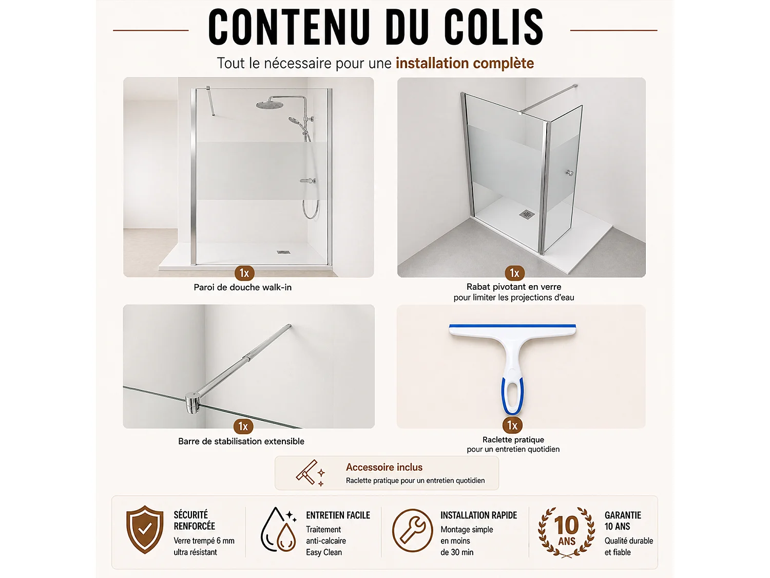 Onbath's Paroi de douche 120+60 cm avec déflecteur en verre transparent à bande dépolie - profilés chromés
