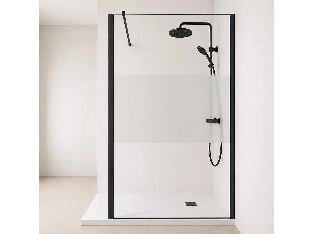 Onbath's Paroi de douche fixe 120x195 en verre anticalcaire 6mm avec bande centrale dépolie - Accessoires en noir mat
