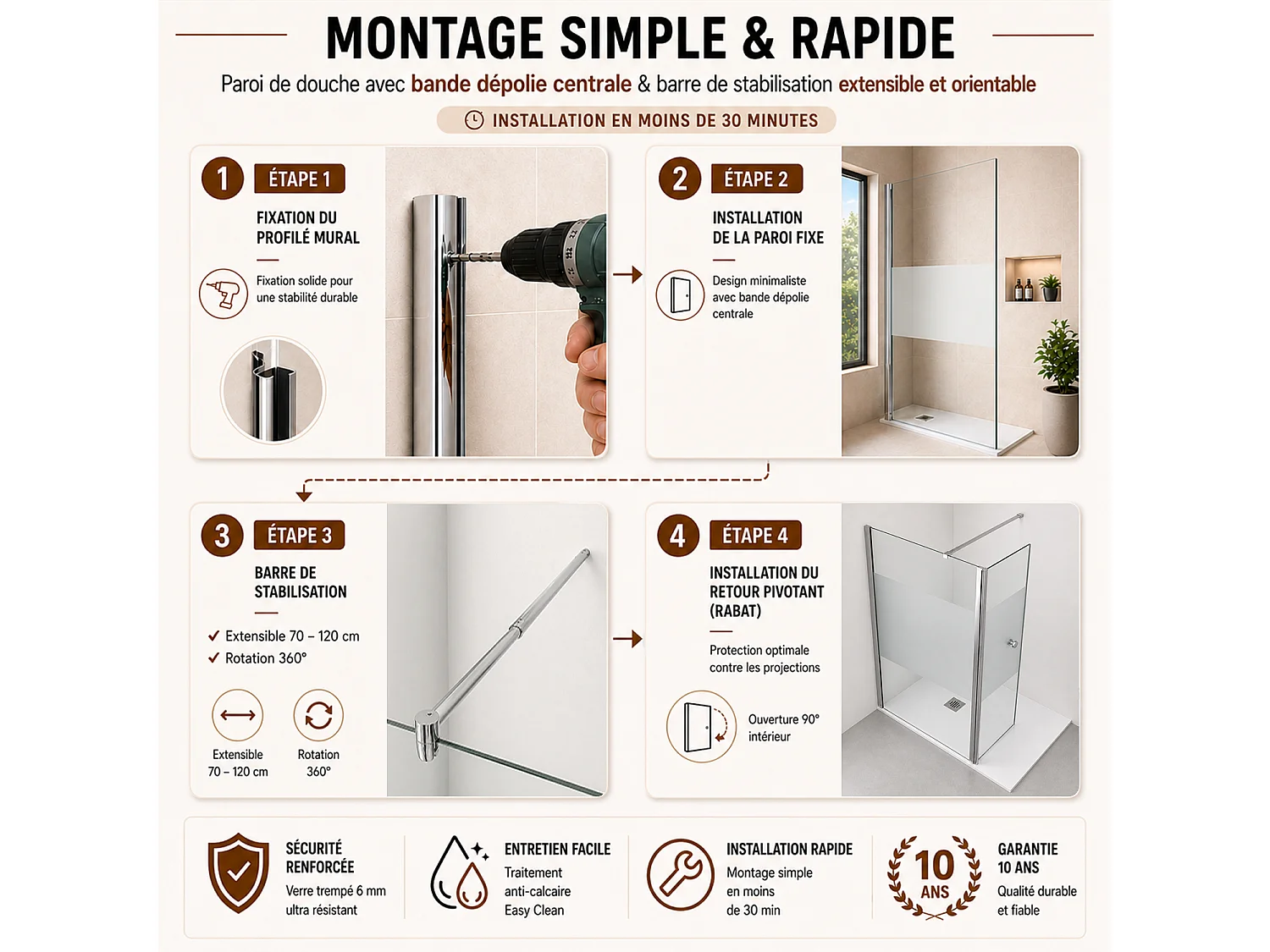 Onbath's Paroi de douche 90+70 cm avec déflecteur en verre transparent à bande dépolie - profilés chromés