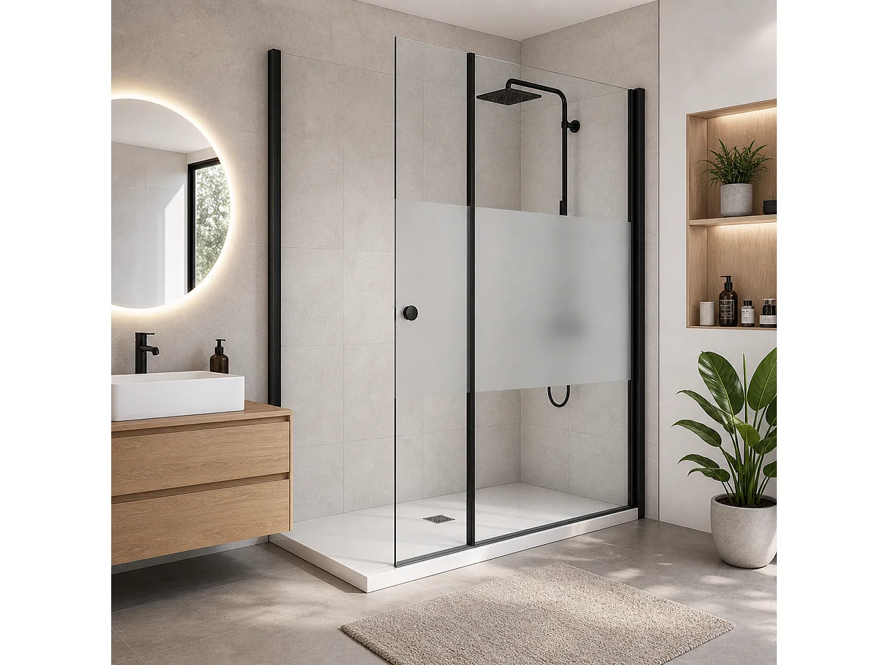 Onbath's Paroi de douche 50+60 retour pivotant cranté verre EASY CLEAN à bande sablée - accessoires noir mat