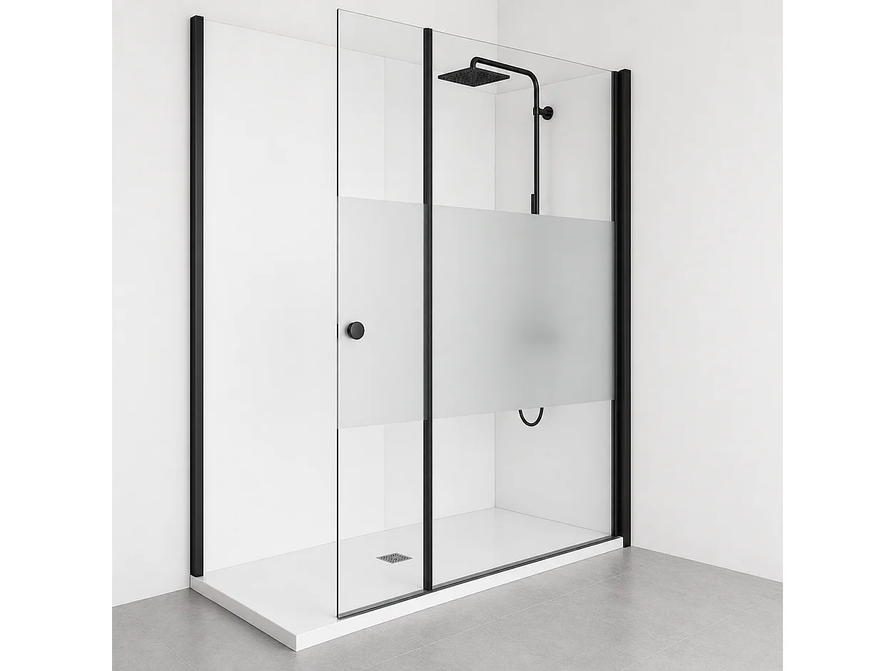 Onbath's Paroi de douche 50+60 retour pivotant cranté verre EASY CLEAN à bande sablée - accessoires noir mat
