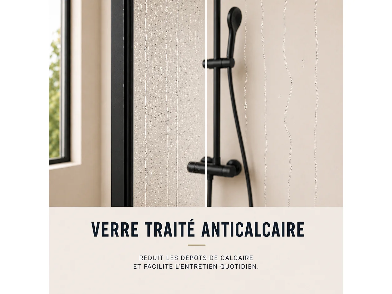 Onbath's Paroi de douche fixe 40x195 en verre anticalcaire 6mm avec bande centrale dépolie - Accessoires en noir mat