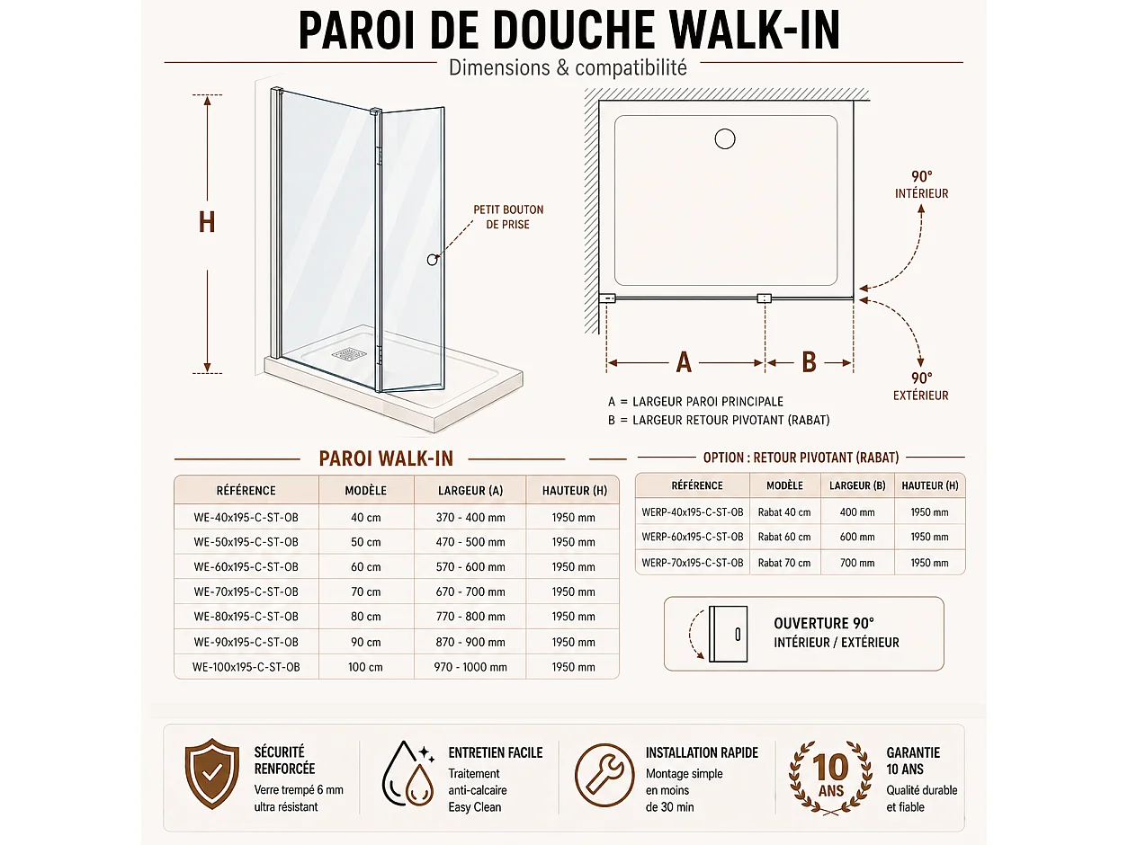 Onbath's Paroi de douche 70+60 cm avec volet pivotant en verre transparent anticalcaire profilés chromés