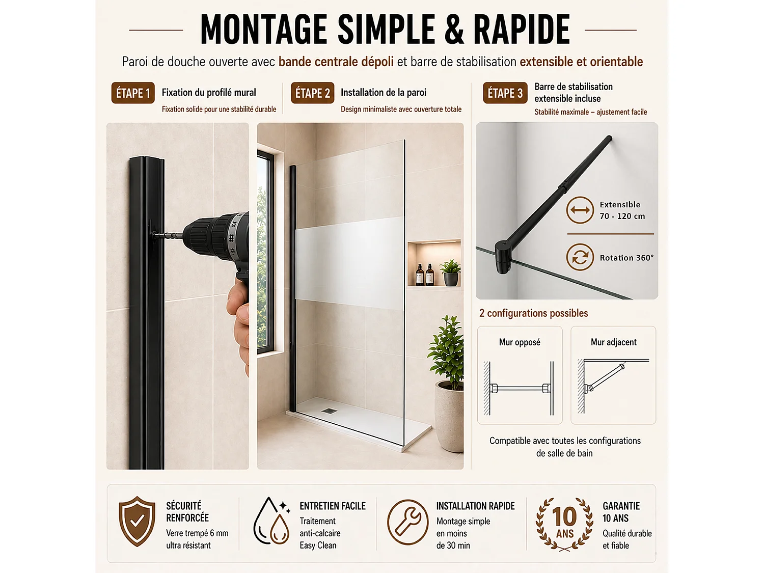 Onbath's Paroi de douche fixe 100x195 en verre anticalcaire 6mm avec bande centrale dépolie - Accessoires en noir mat