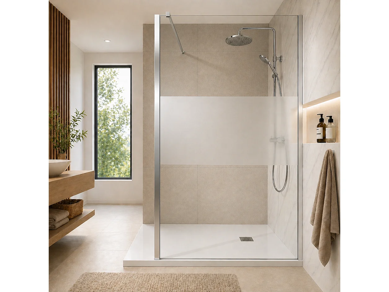 Onbath's Paroi de douche fixe 50x195 en verre anticalcaire 6mm avec bande centrale givrée - Accessoires en chromé