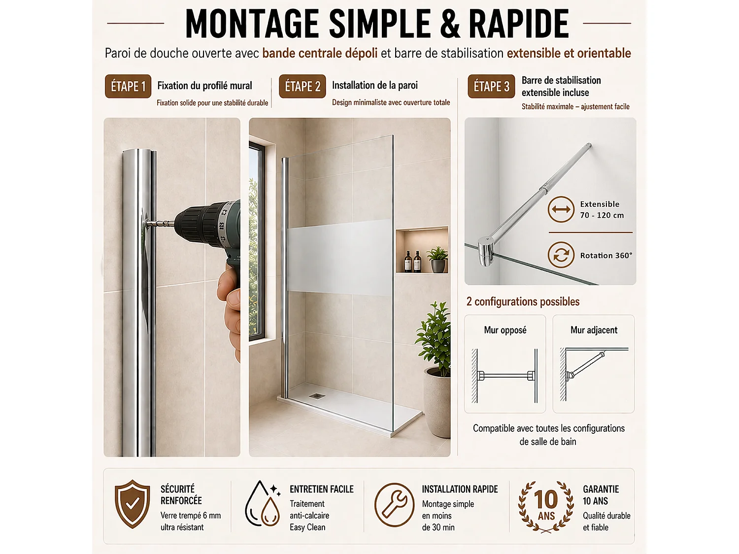 Onbath's Paroi de douche fixe 50x195 en verre anticalcaire 6mm avec bande centrale givrée - Accessoires en chromé
