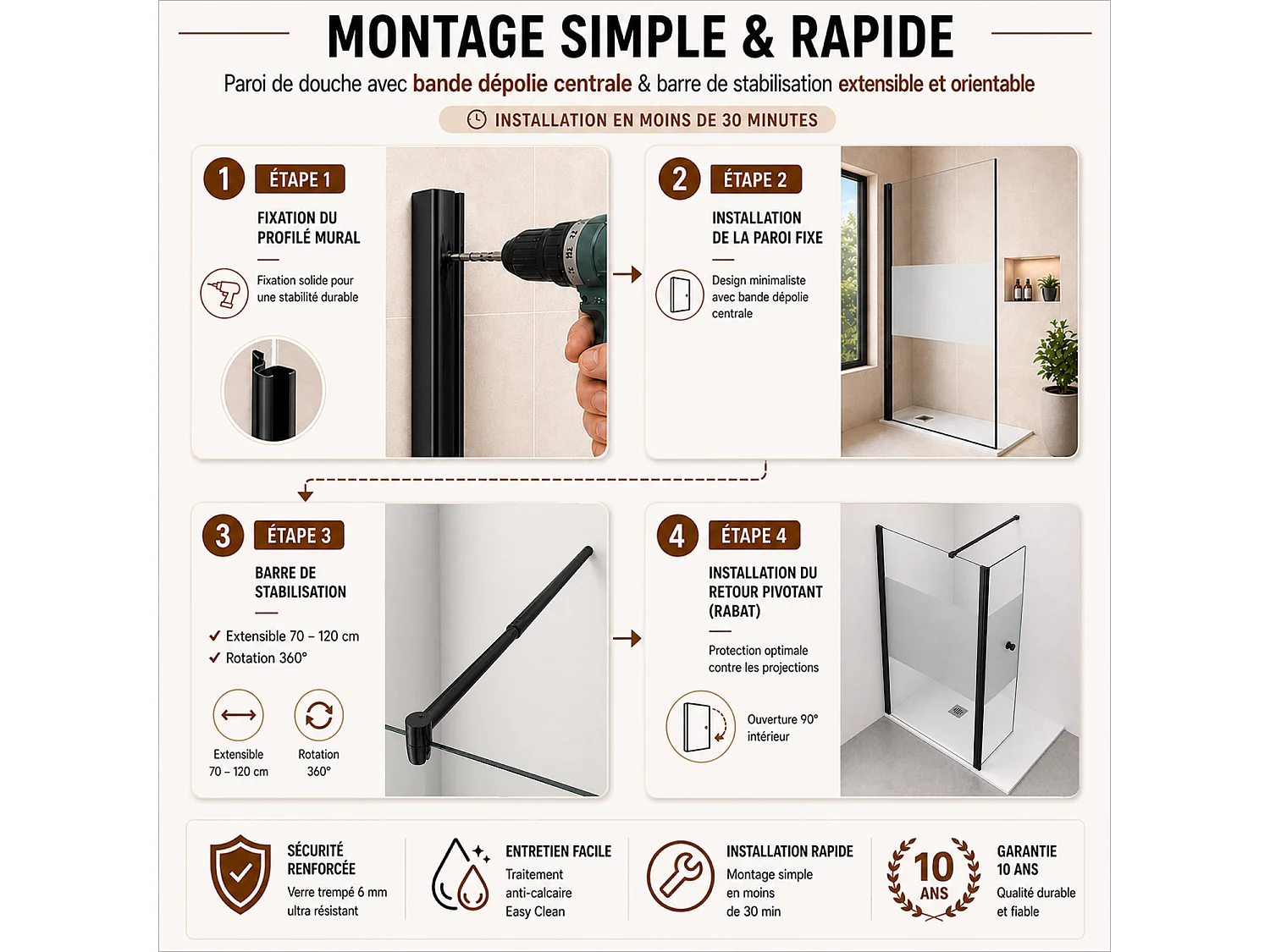 Onbath's Paroi de douche 60+40 retour pivotant cranté verre EASY CLEAN à bande sablée - accessoires noir mat