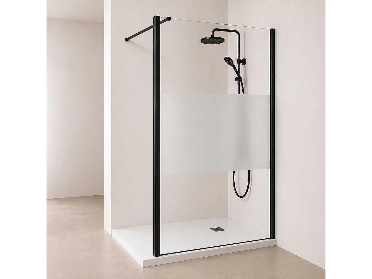 Onbath's Paroi de douche fixe 50x195 en verre anticalcaire 6mm avec bande centrale dépolie - Accessoires en noir mat