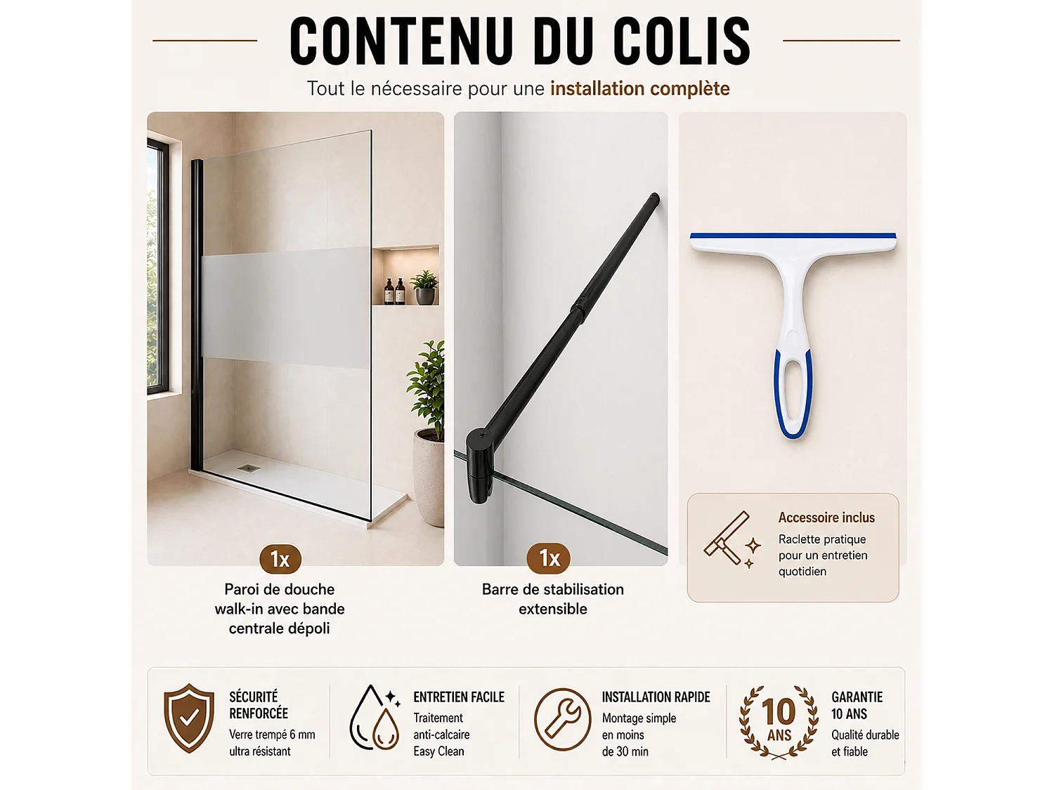 Onbath's Paroi de douche fixe 50x195 en verre anticalcaire 6mm avec bande centrale dépolie - Accessoires en noir mat