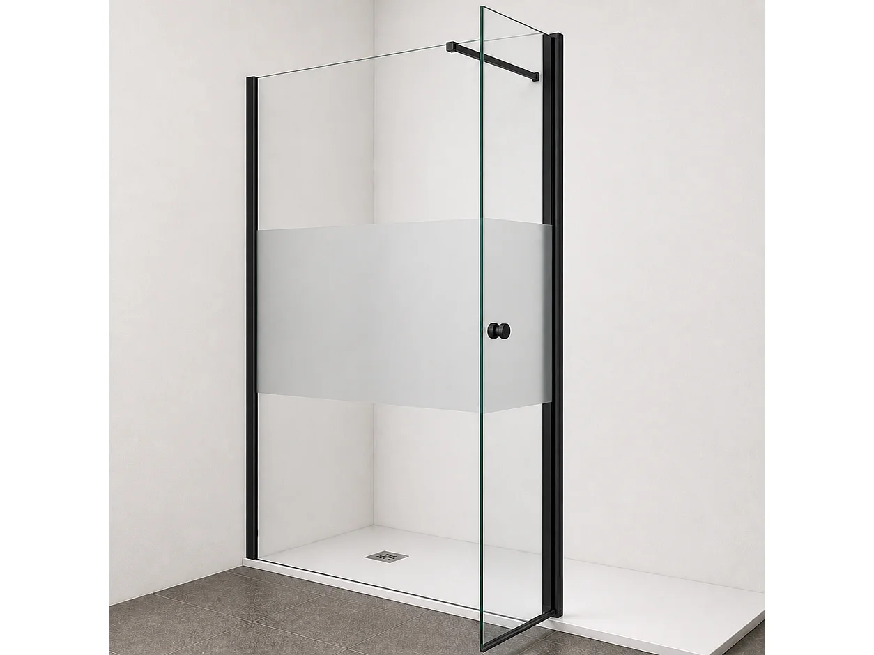 Onbath's Paroi de douche 70+70 retour pivotant cranté verre EASY CLEAN à bande sablée - accessoires noir mat
