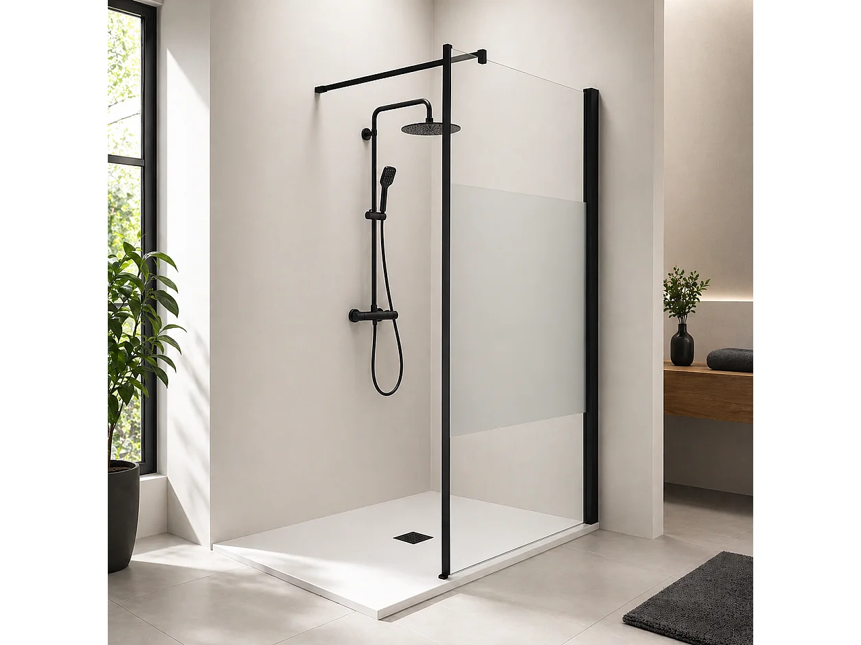 Onbath's Paroi de douche fixe 60x195 en verre anticalcaire 6mm avec bande centrale dépolie - Accessoires en noir mat