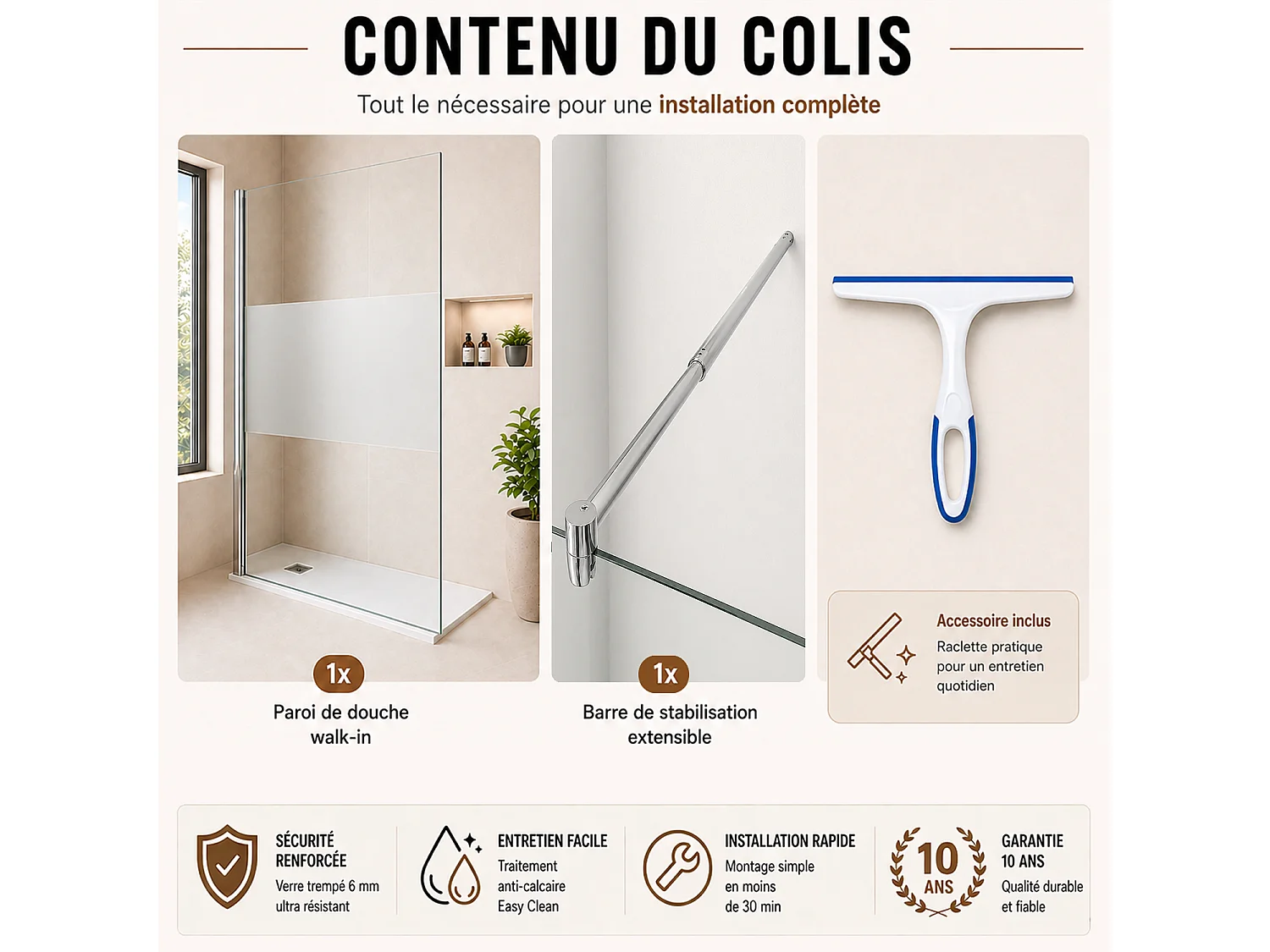 Onbath's Paroi de douche fixe 40x195 en verre anticalcaire 6mm avec bande centrale givrée - Accessoires en chromé
