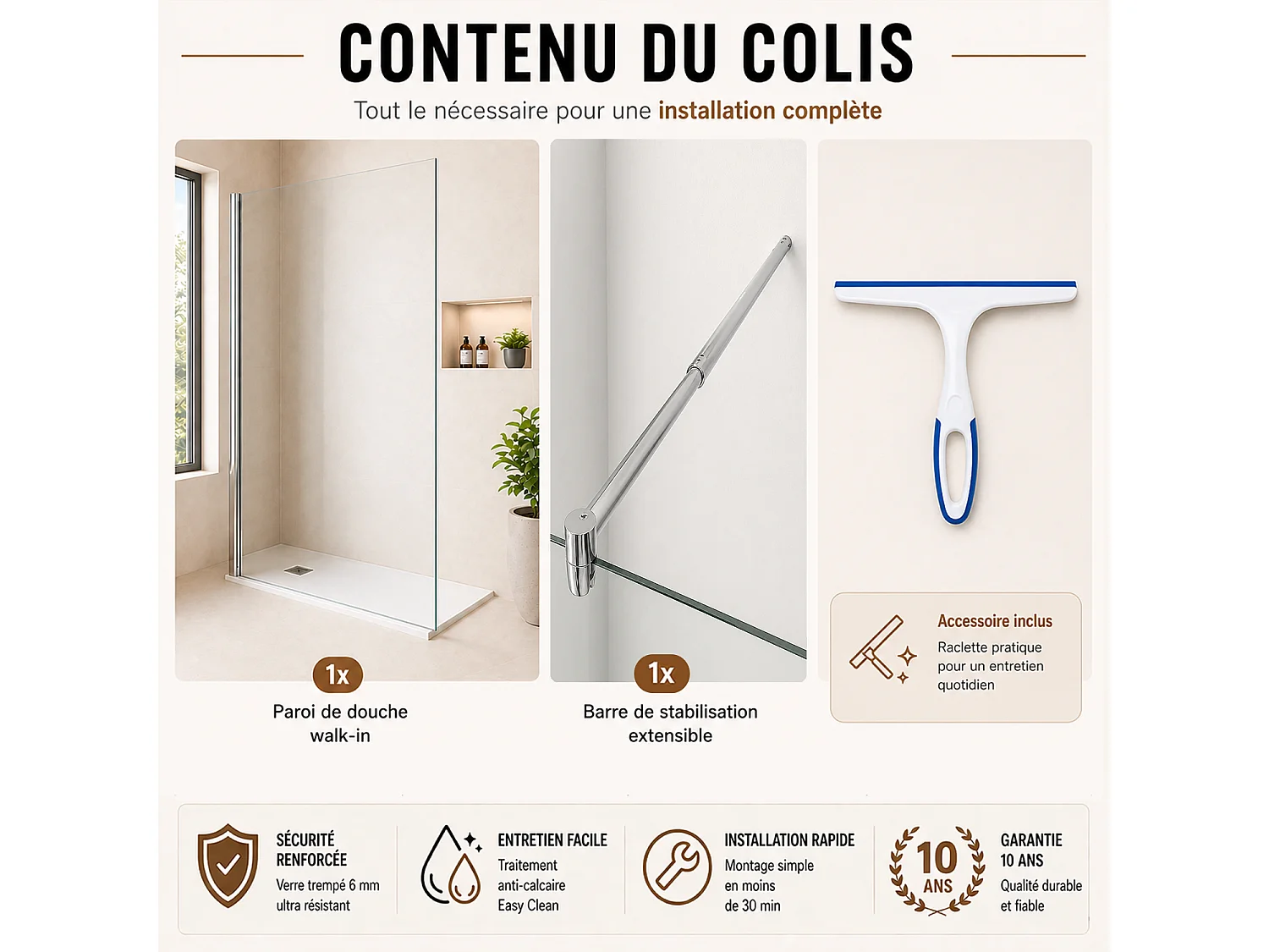 Onbath's Paroi de douche fixe 70x195 en verre anticalcaire 6mm transparent Easy Clean - Accessoires en chromé