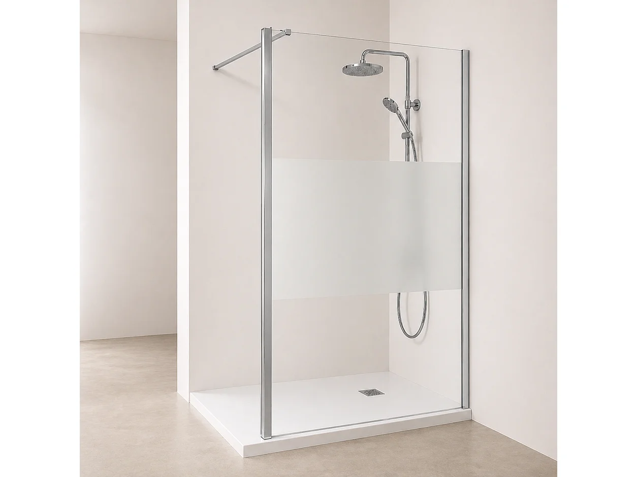 Onbath's Paroi de douche fixe 80x195 en verre anticalcaire 6mm avec bande centrale givrée - Accessoires en chromé
