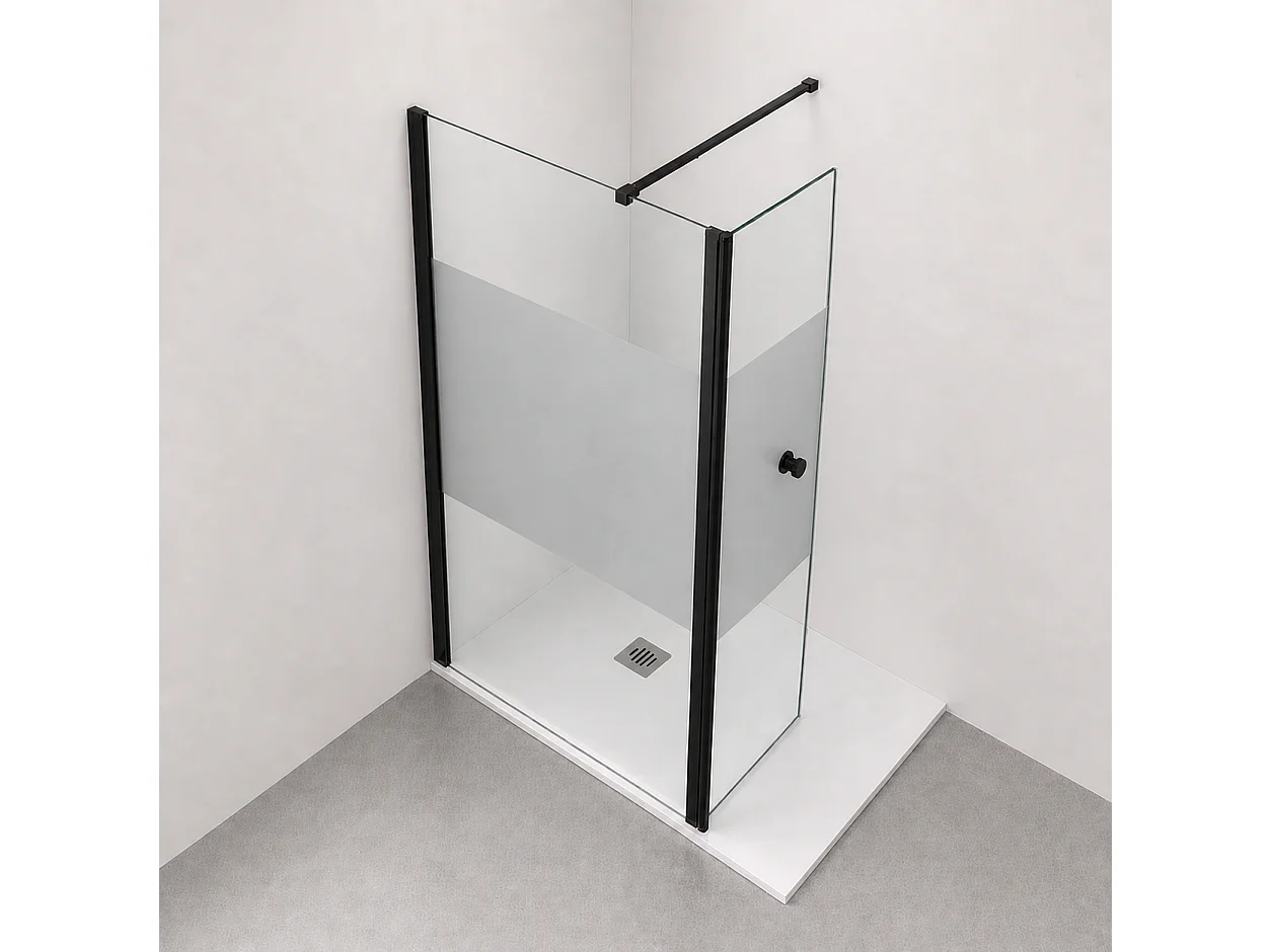 Onbath's Paroi de douche 70+40 retour pivotant cranté verre EASY CLEAN à bande sablée - accessoires noir mat