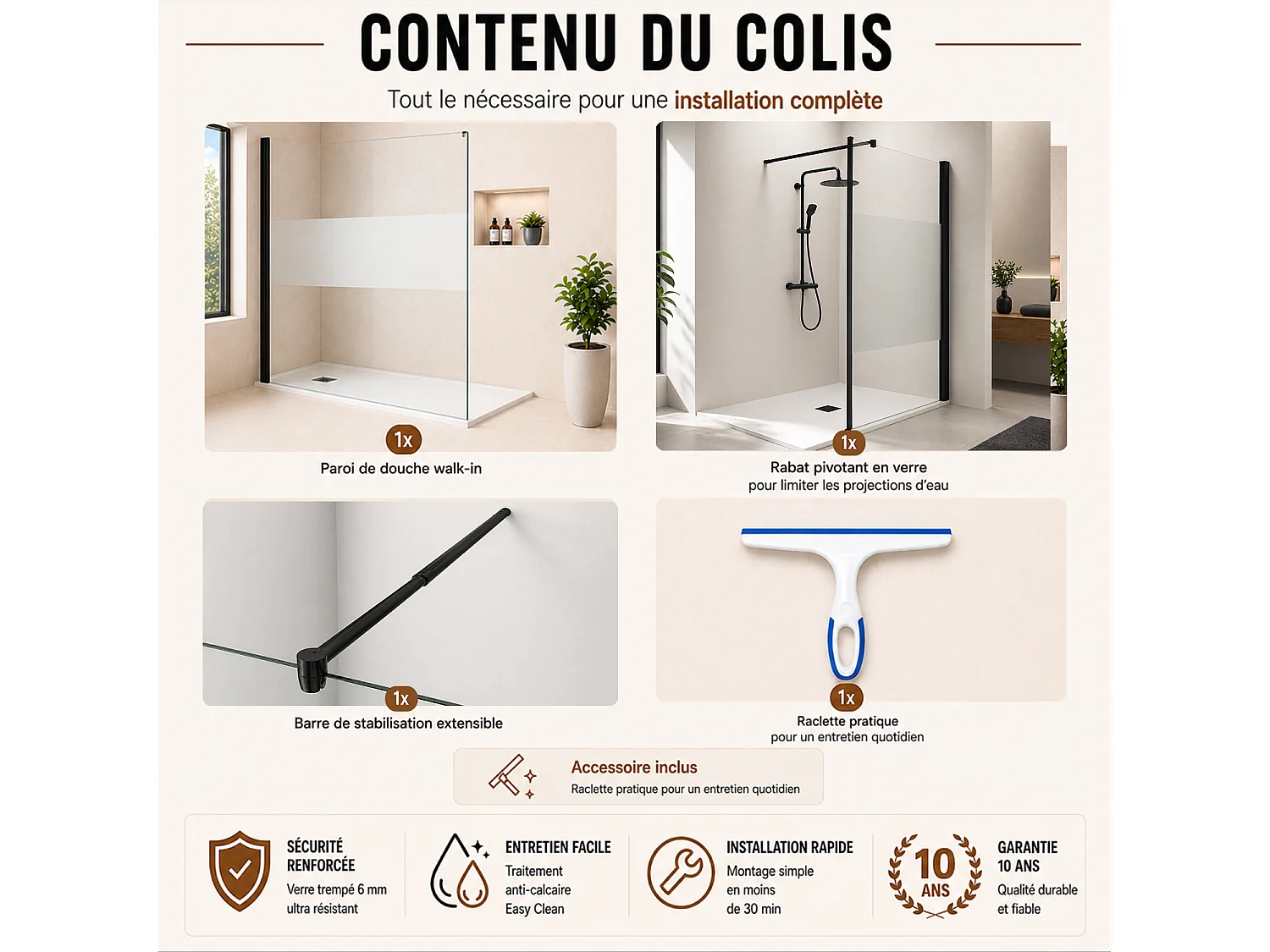 Onbath's Paroi de douche 90+60 retour pivotant cranté verre EASY CLEAN à bande sablée - accessoires noir mat