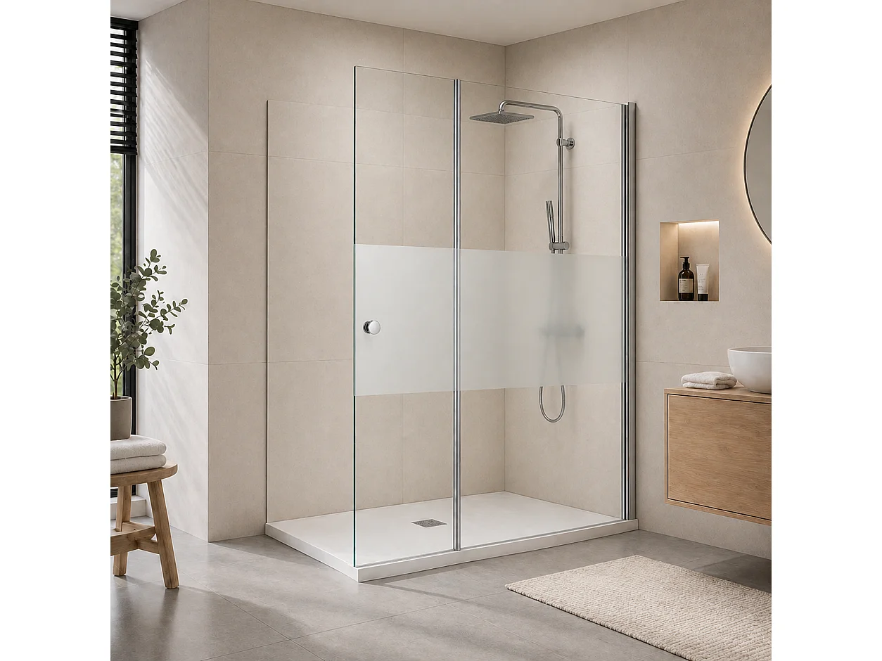 Onbath's Paroi de douche 100+70 cm avec déflecteur en verre transparent à bande dépolie - profilés chromés
