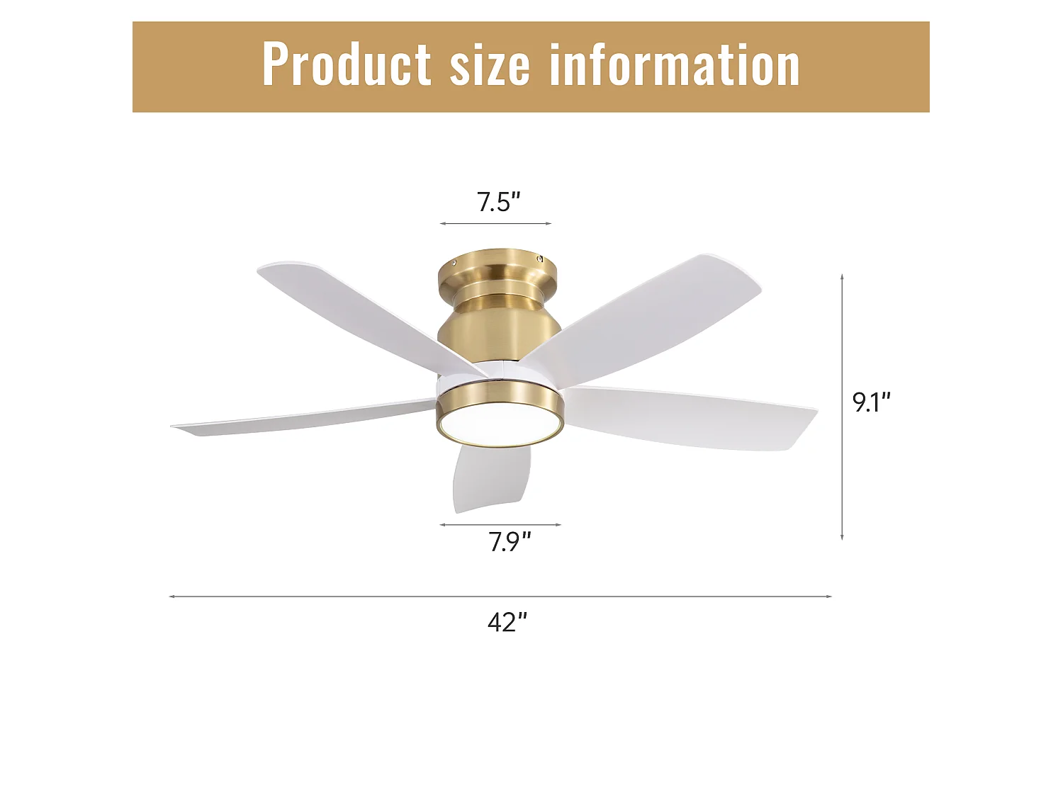 Ventilateur de plafond plat avec 5 pales en ABS, minuterie 1/4/8 h, 6 vitesses - Or et blanc