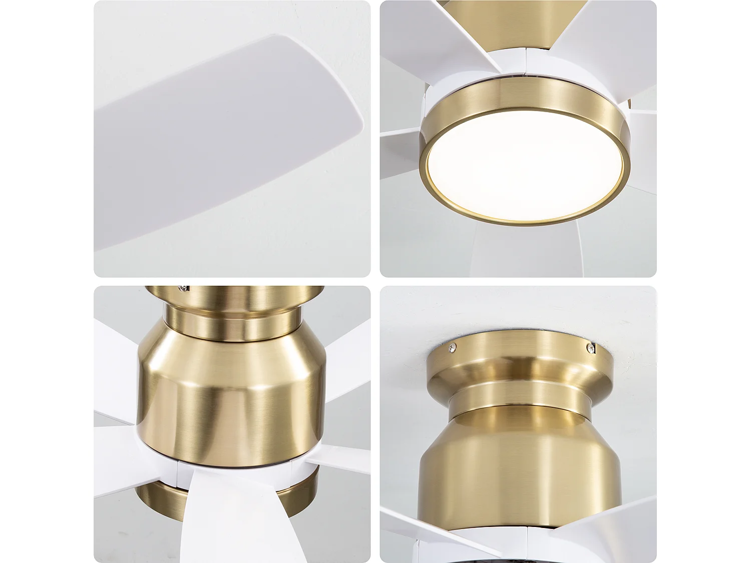 Ventilateur de plafond plat avec 5 pales en ABS, minuterie 1/4/8 h, 6 vitesses - Or et blanc