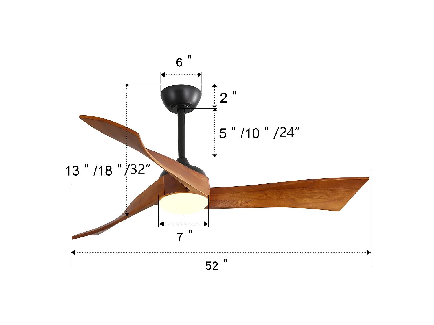 Ventilateur de plafond de 132 cm avec éclairage – Télécommande , 6 vitesses et minuterie