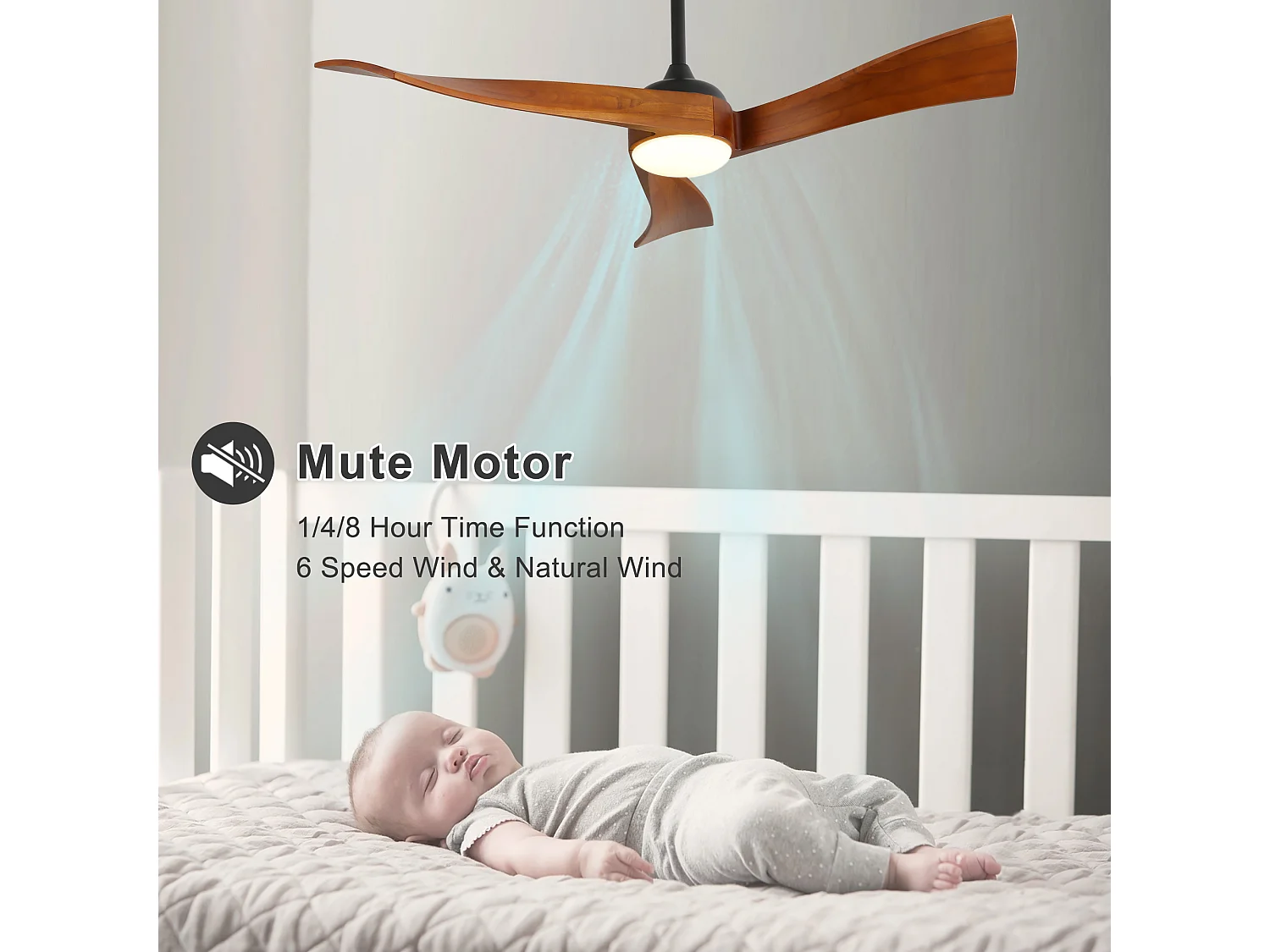 Ventilateur de plafond de 132 cm avec éclairage – Télécommande , 6 vitesses et minuterie