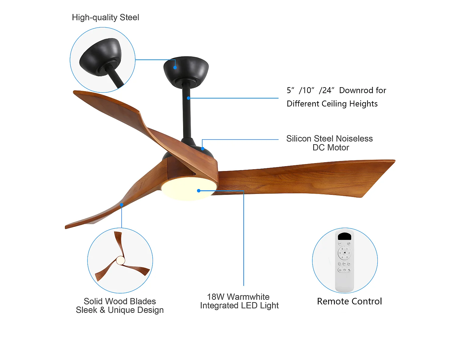Ventilateur de plafond de 132 cm avec éclairage – Télécommande , 6 vitesses et minuterie