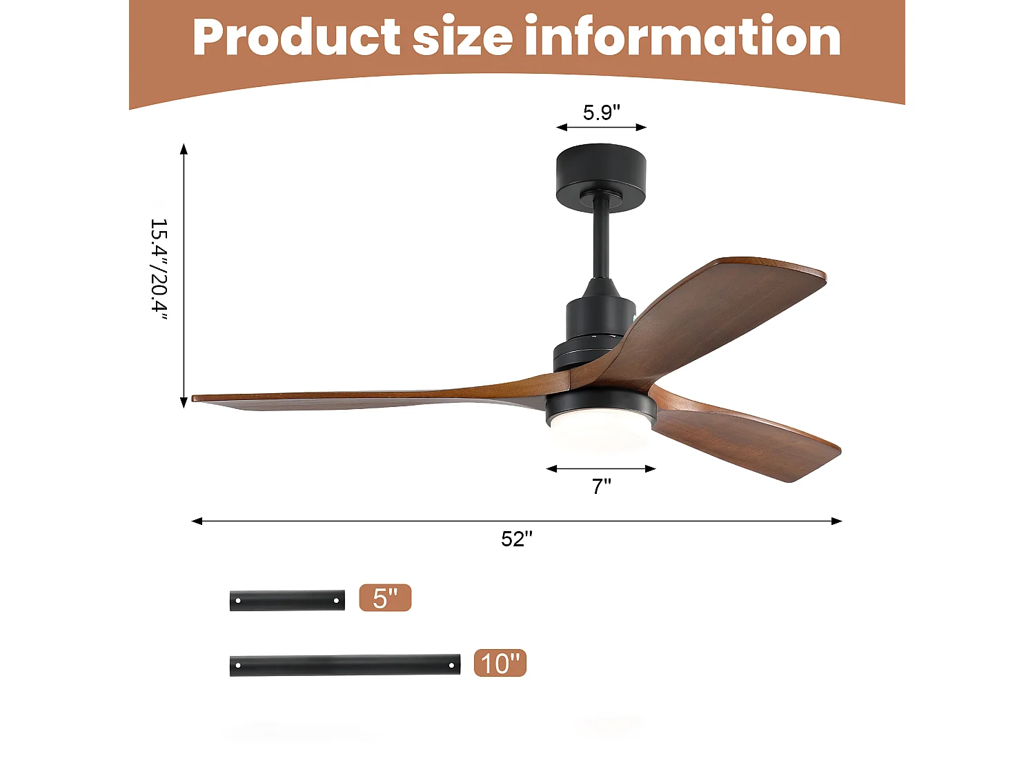 Ventilateur de plafond de 132 cm avec éclairage, 6 vitesses et télécommande - Pour Été/Hiver