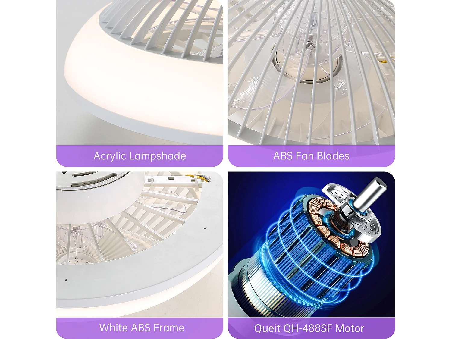 Ventilateur de plafond 15" avec lumière LED, 7 pales en ABS, silencieux, minuterie (1/2/4h)