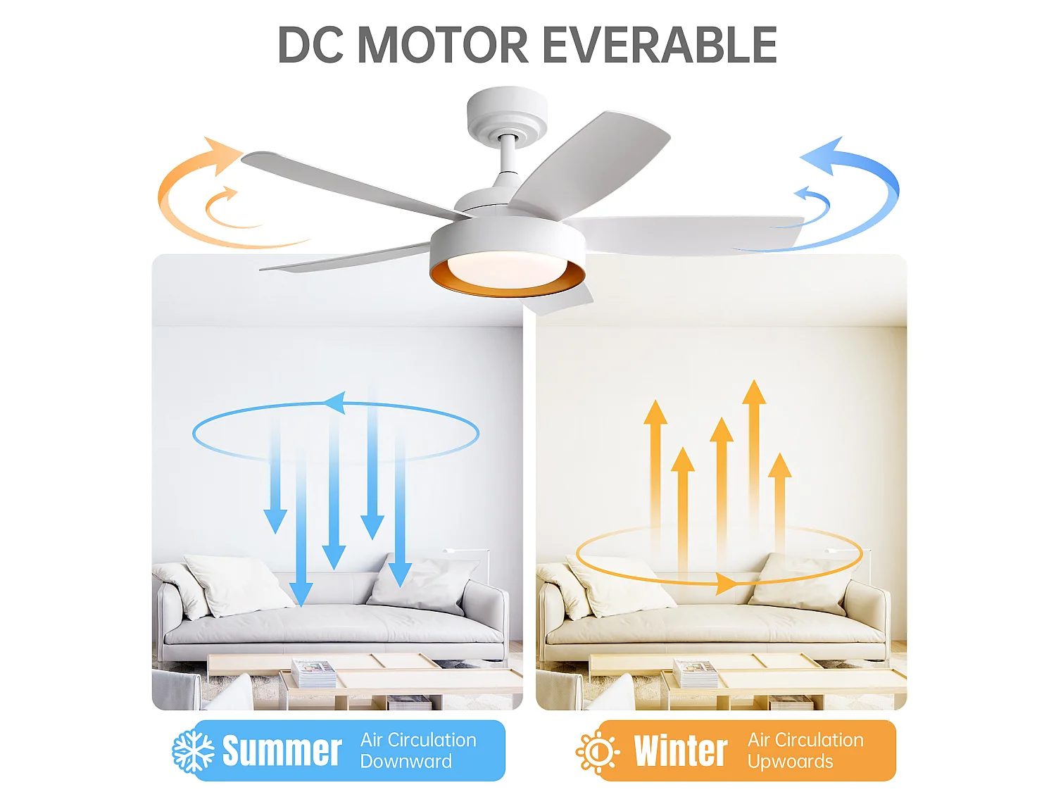 Ventilateur de plafond avec éclairage LED 22 W, télécommande, blanc, pour Été/Hiver