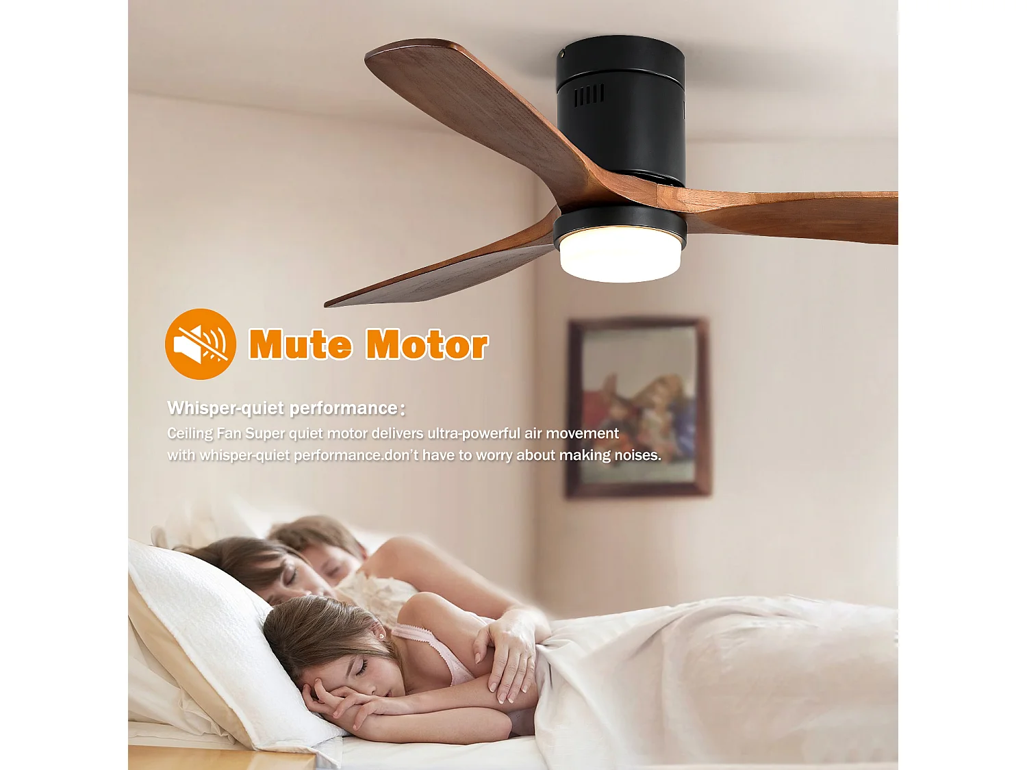 Ventilateur de plafond 132 cm avec éclairage, 3 pales en bois , silencieux et et minuterie - Noir