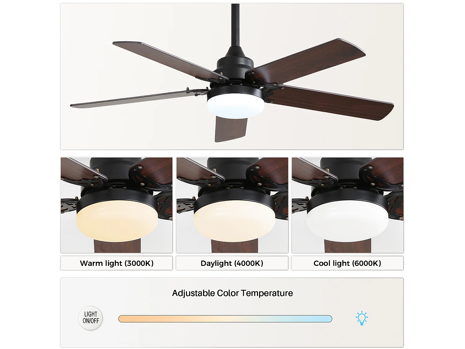 Ventilateur de plafond de 107 cm avec éclairage LED 18 W, télécommande et minuterie - Noir