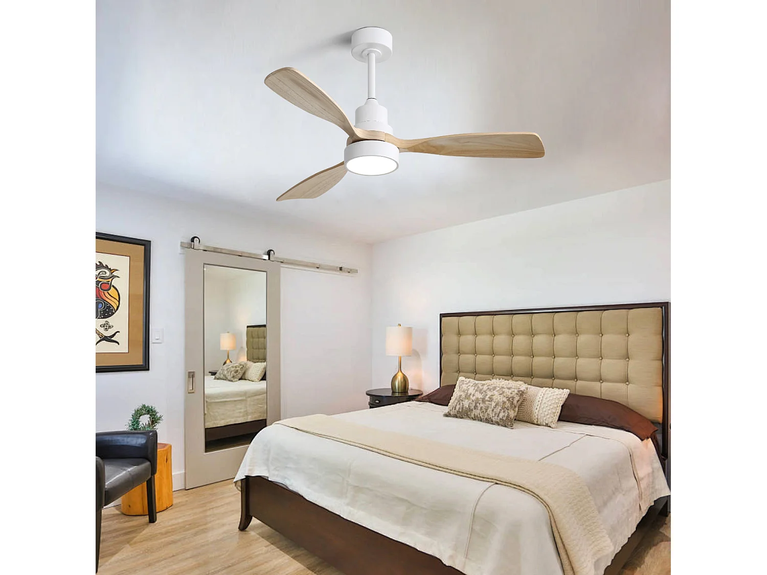 Ventilateur de plafond avec éclairage LED 18 W à intensité variable et minuterie (1/4/8 h) - Blanc