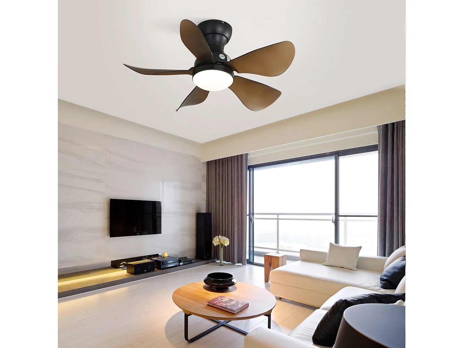 Ventilateur de plafond encastré avec 5 pales en ABS, DEL 18 W et minuterie 1/4/8 h - Noir