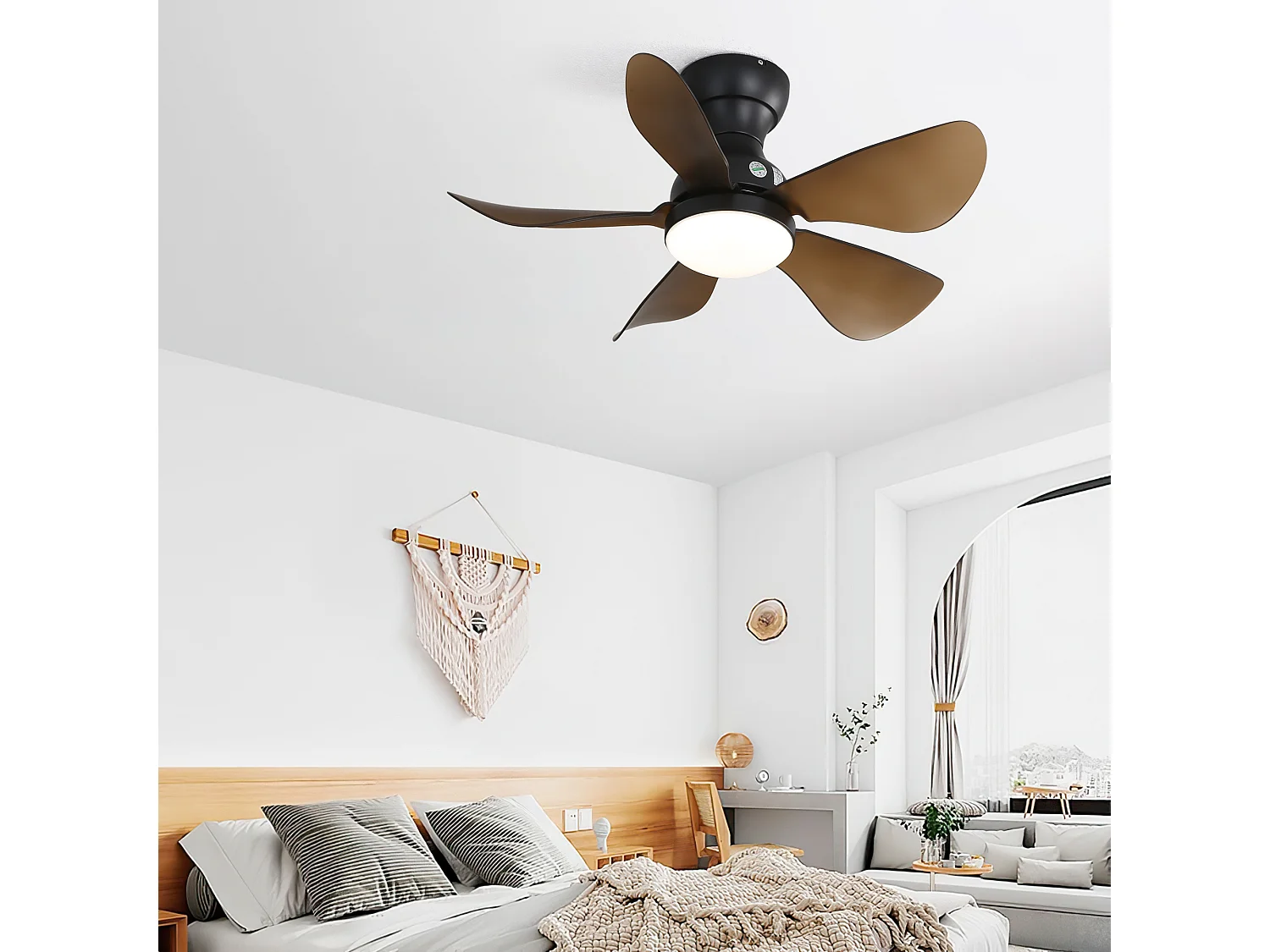 Ventilateur de plafond encastré avec 5 pales en ABS, DEL 18 W et minuterie 1/4/8 h - Noir