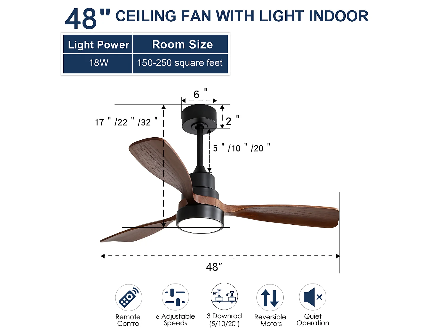 Ventilateur de plafond en bois de 122 cm avec télécommande et fonction de minuterie(1/4/8 h) - Pour Été/Hiver