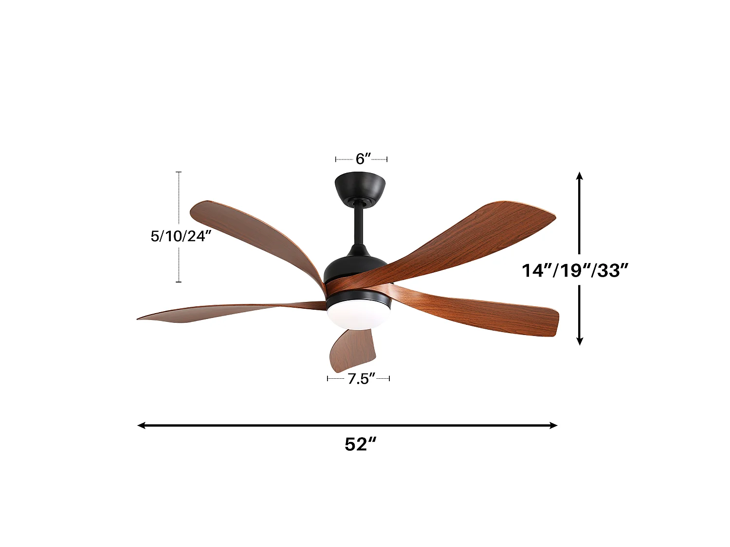 Ventilateur de plafond 132 cm avec éclairage LED tricolore à intensité variable, 5 pales en ABS et télécommande