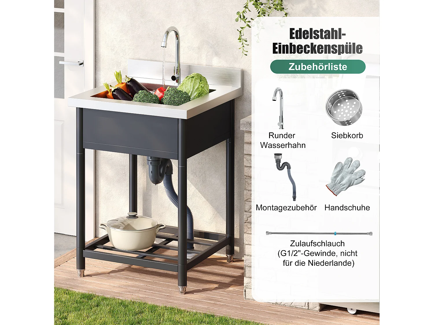 Utomhusvask på ben i rostfritt stål 60x60 cm - med kran och sil - med hylla - rymlig enkelhojsdesign - svart och silver