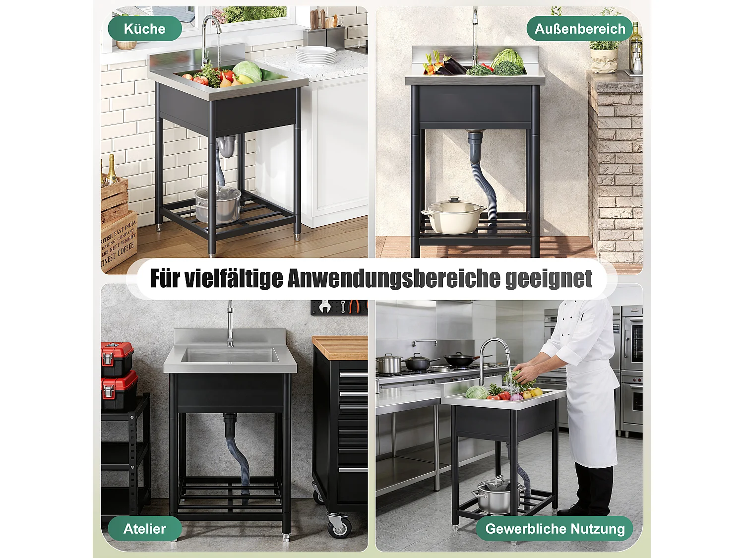 Utomhusvask på ben i rostfritt stål 60x60 cm - med kran och sil - med hylla - rymlig enkelhojsdesign - svart och silver