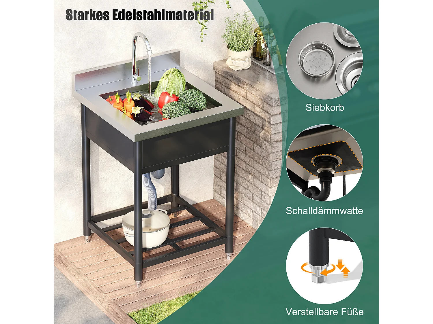 Utomhusvask på ben i rostfritt stål 60x60 cm - med kran och sil - med hylla - rymlig enkelhojsdesign - svart och silver