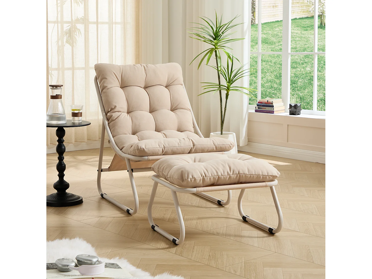 Fauteuil de jardin avec repose-pieds - Structure blanc et coussin beige