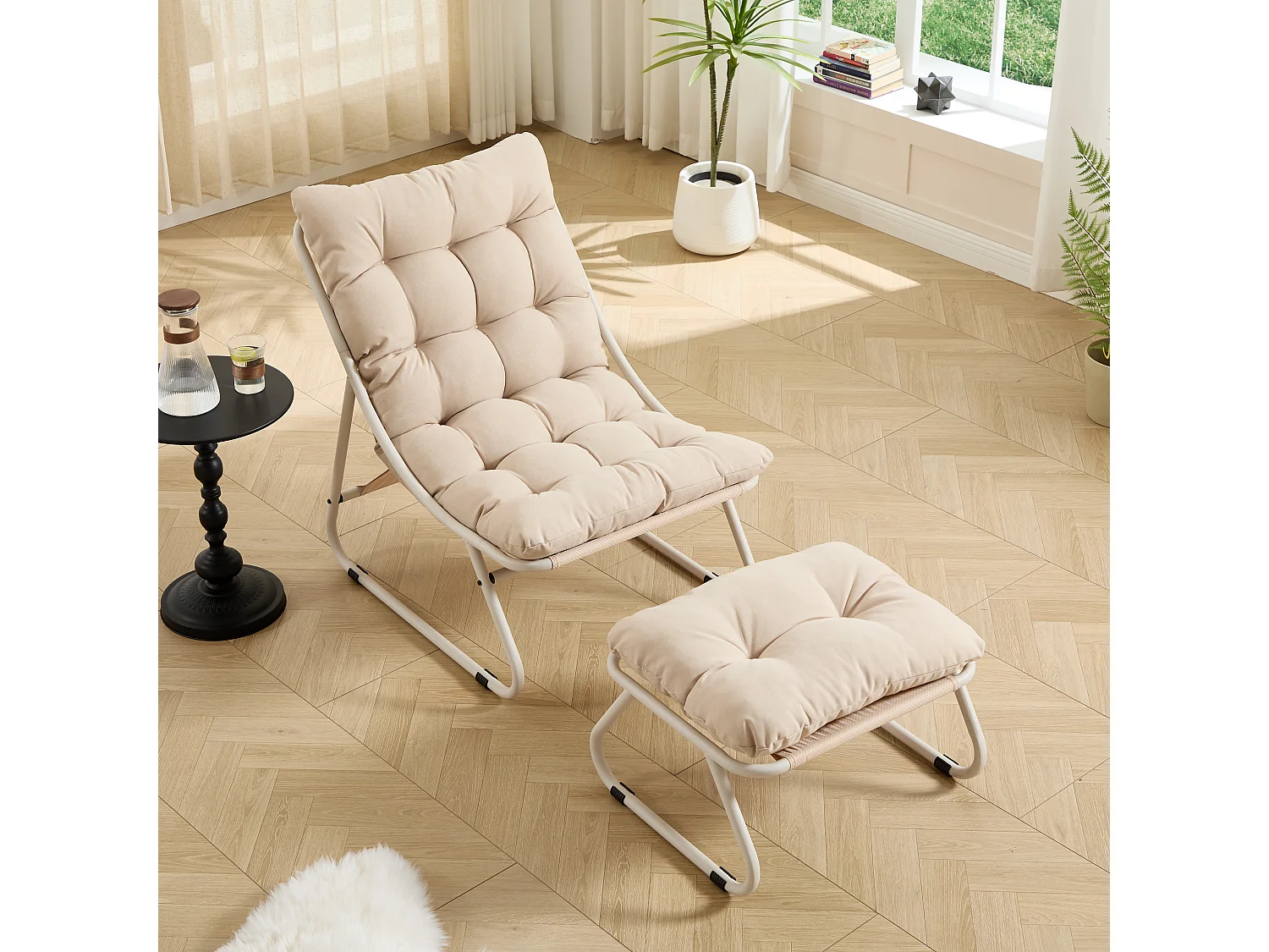 Fauteuil de jardin avec repose-pieds - Structure blanc et coussin beige