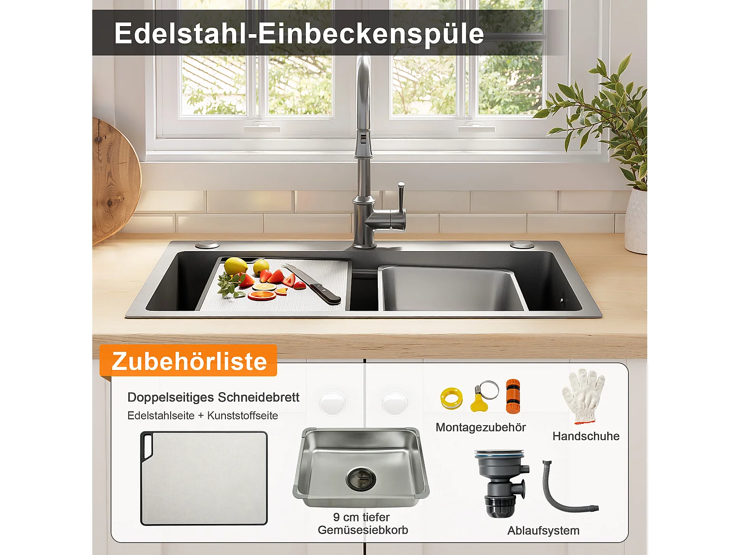 Infällbar vask i rostfritt stål 74x45 cm - med skärbräda, extra innerskål och sil - 3 kranhål - Silver