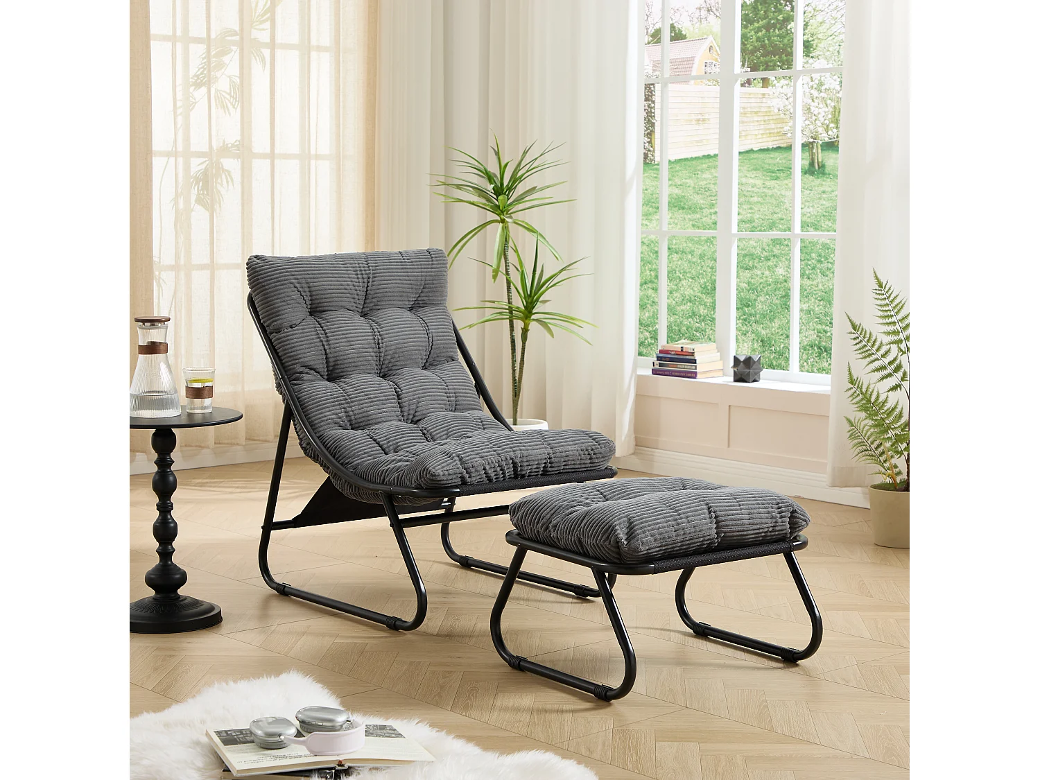 Fauteuil de jardin avec repose-pieds - Coussin en velour côtelé gris